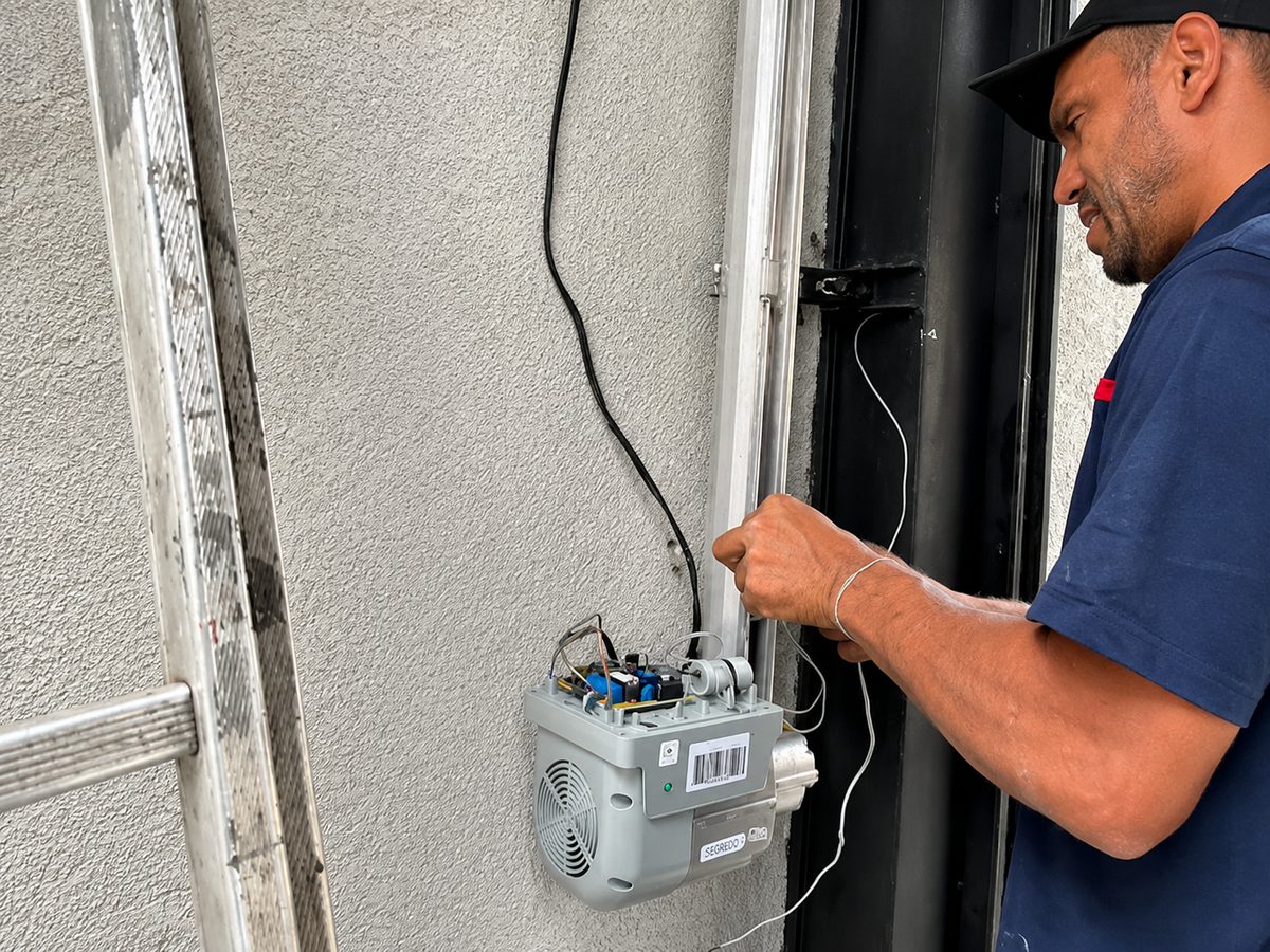 Técnico da SmartGate ajustando central de motor de portão automático